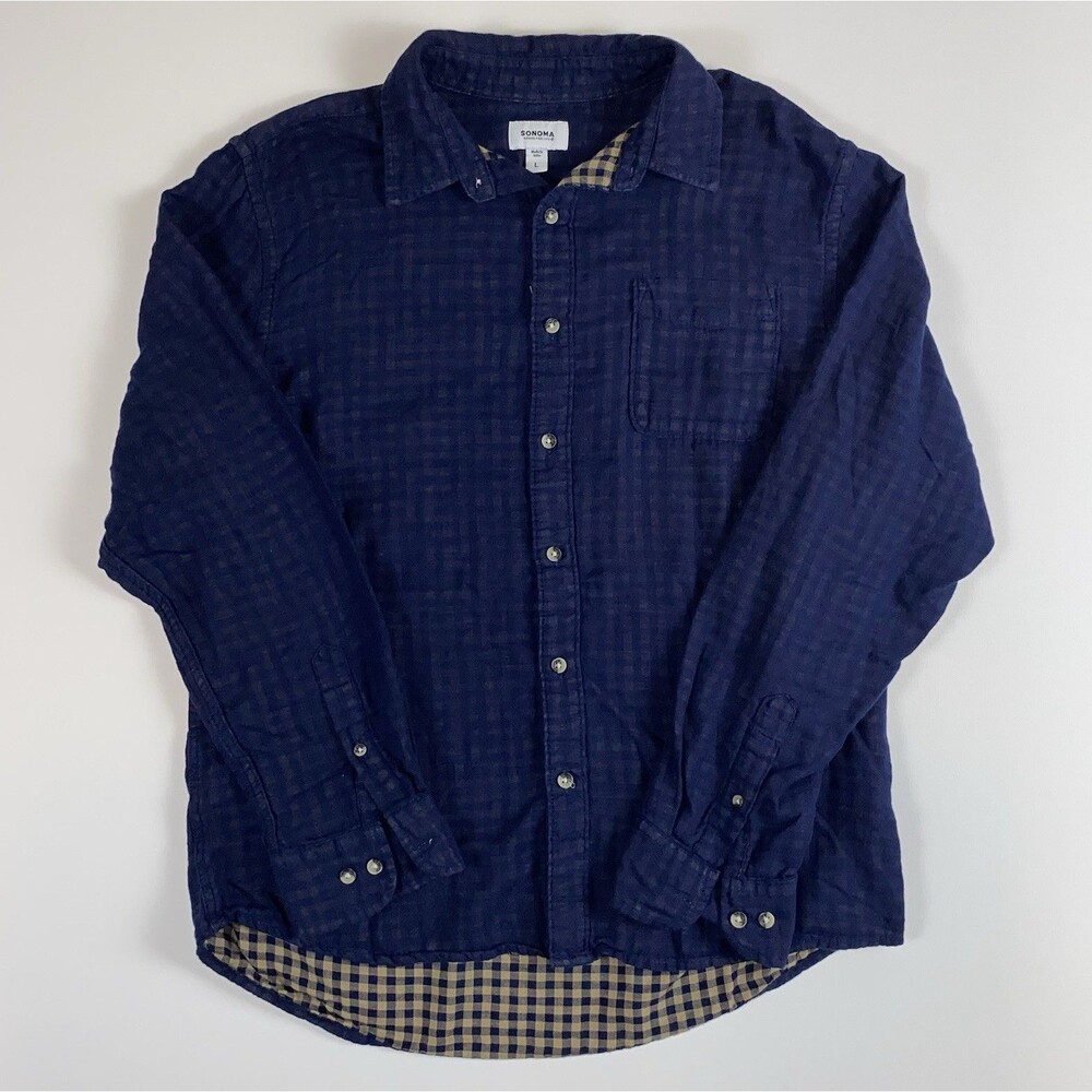 Sonoma Men's L Regular Blue Solid Long Sleeve Button-Up Pockets